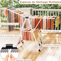Séchoir à Linge Pliante, avec Ailes Latérales Hauteur Réglable, 18 Barres, Chaussures, Vêtements (1,6 M,Blanc)