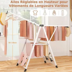 Séchoir à Linge Pliante, avec Ailes Latérales Hauteur Réglable, 18 Barres, Chaussures, Vêtements (1,6 M,Blanc)