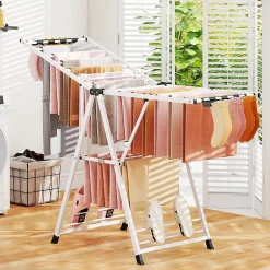 Séchoir à Linge Pliante, avec Ailes Latérales Hauteur Réglable, 18 Barres, Chaussures, Vêtements (1,6 M,Blanc)