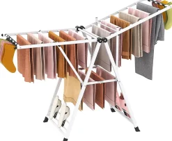 Séchoir à Linge Pliante, avec Ailes Latérales Hauteur Réglable, 18 Barres, Chaussures, Vêtements (1,6 M,Blanc)
