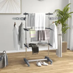 Séchoir à linge étendoir pliable ailes latérales 3 niveaux acier inox PP gris