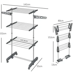 Séchoir à linge étendoir pliable ailes latérales 3 niveaux acier inox PP gris