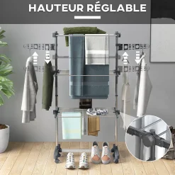 Séchoir à linge étendoir pliable ailes latérales 3 niveaux acier inox PP gris
