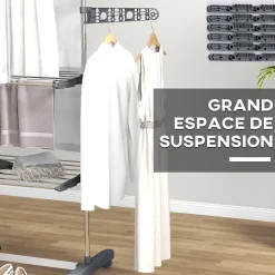 Séchoir à linge étendoir pliable ailes latérales 3 niveaux acier inox PP gris