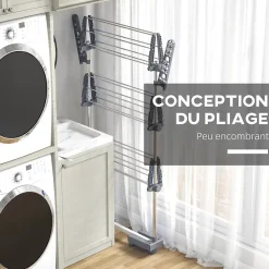 Séchoir à linge étendoir pliable ailes latérales 3 niveaux acier inox PP gris