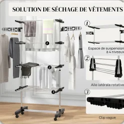 Séchoir à linge étendoir pliable ailes latérales 4 niveaux noir