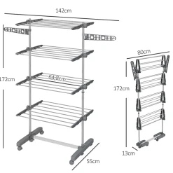 Séchoir à linge étendoir pliable ailes latérales 4 niveaux gris