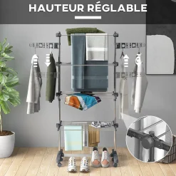 Séchoir à linge étendoir pliable ailes latérales 4 niveaux gris