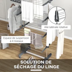 Séchoir à linge étendoir pliable ailes latérales 4 niveaux gris