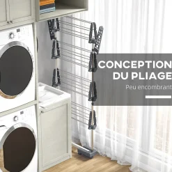 Séchoir à linge étendoir pliable ailes latérales 4 niveaux gris