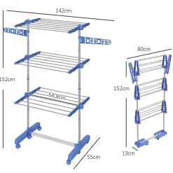 Séchoir à linge étendoir pliable ailes latérales 3 niveaux acier inox PP bleu