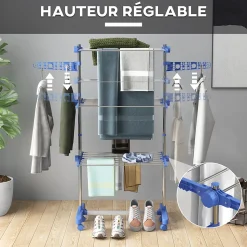 Séchoir à linge étendoir pliable ailes latérales 3 niveaux acier inox PP bleu
