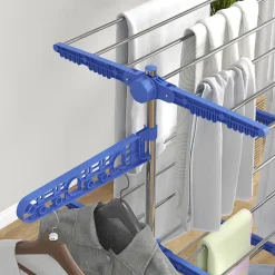 Séchoir à linge étendoir pliable ailes latérales 3 niveaux acier inox PP bleu