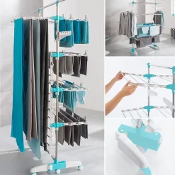 Séchoir à linge vertical pliable 4 niveaux OPTIMUM capacité 30M avec tringle télescopique blanc et bleu