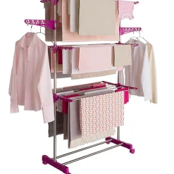 Séchoir à linge vertical pliable 3 niveaux MAXIMA capacité 20M inox et rose