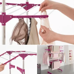 Séchoir à linge vertical pliable 3 niveaux MAXIMA capacité 20M inox et rose