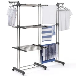 Séchoir à linge vertical pliable et extensible 3 niveaux GIGA capacité 27M avec cintres et pinces inox et gris
