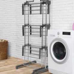 Séchoir à linge vertical pliable et extensible 3 niveaux GIGA capacité 27M avec cintres et pinces inox et gris