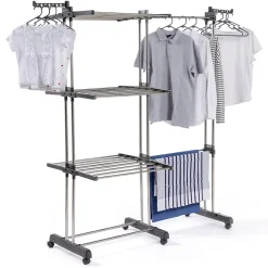 Séchoir à linge vertical pliable et extensible 3 niveaux GIGA capacité 27M avec cintres et pinces inox et gris