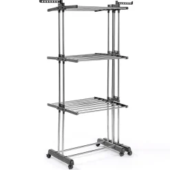 Séchoir à linge vertical pliable et extensible 3 niveaux GIGA capacité 27M avec cintres et pinces inox et gris