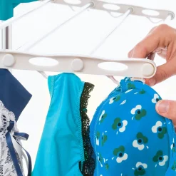Séchoir à linge vertical pliable 3 niveaux OPTIMUM capacité 30M avec tringle télescopique cintres et pinces blanc et bleu