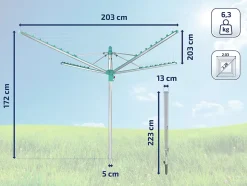 Séchoir parapluie extérieur avec douille de fixation, 50 m d'étendage, gris et bleu turquoise, Leifheit Linomatic 500 Easy