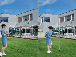 Séchoir parapluie extérieur avec douille de fixation, 50 m d'étendage, gris et bleu turquoise, Leifheit Linomatic 500 Easy