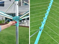 Séchoir parapluie extérieur avec douille de fixation, 50 m d'étendage, gris et bleu turquoise, Leifheit Linomatic 500 Easy