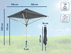 Séchoir parapluie extérieur avec toit étanche et douille de fixation, 40 m d'étendage, noir et gris, Leifheit LinoProtect 400
