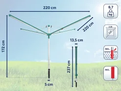Séchoir parapluie extérieur avec housse et douille de fixation, 60 m d'étendage, vert et gris, Leifheit Linomatic Deluxe Cover 600