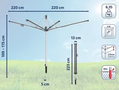 Séchoir parapluie extérieur avec douille de fixation, 60 m d'étendage, noir et gris, Leifheit Linomatic Plus 600