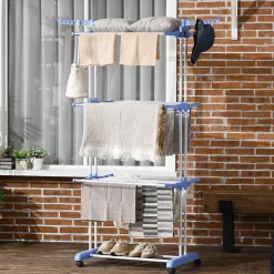 Sechoir à linge étendoir pliable 3 niveaux 2 ailes latérales à cintres acier blanc PP bleu