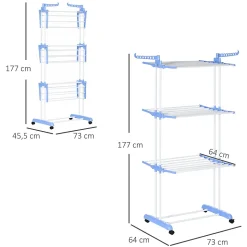 Sechoir à linge étendoir pliable 3 niveaux 2 ailes latérales à cintres acier blanc PP bleu