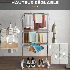 Sechoir à linge étendoir pliable ailes latérales sur 3 niveaux