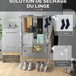 Sechoir à linge étendoir pliable ailes latérales sur 3 niveaux