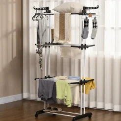 Sechoir à linge étendoir pliable 3 niveaux 2 ailes latérales à cintres acier blanc PP noir