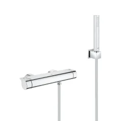 Set de douche Mitigeur thermostatique Grohtherm + Douchette Stick 1 jet, support mural, flexible, Chrome (34169001-CUBESTICK)
