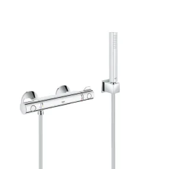 Set de douche Mitigeur thermostatique Grohtherm + Douchette Stick 1 jet, support mural, flexible, Chrome (34558000-CUBESTICK)