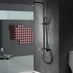 Set de douche noir et or rose en acier et laiton avec souffle extra plat 20x20 cm