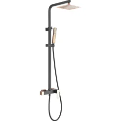 Set de douche noir et or rose en acier et laiton avec souffle extra plat 20x20 cm