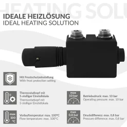 Set vanne thermostatique LuxeBath universel noir pour radiateur de salle de bain à raccord central