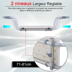 Siège de baignoire - siège de bain suspendu réglable - tabouret de salle de bain - dim. 71-81L x 22l x 18H cm - alu. HDPE blanc