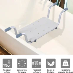 Siège de baignoire - siège de bain suspendu réglable - tabouret de salle de bain - dim. 71-81L x 22l x 18H cm - alu. HDPE blanc
