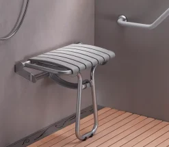 Siège de douche large et pliable, aluminium avec lattes grises, l.58,5 x H.50 x P.36 cm, Godonnier