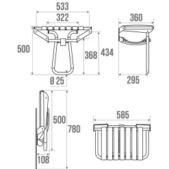 Siège de douche large et pliable, aluminium avec lattes grises, l.58,5 x H.50 x P.36 cm, Godonnier