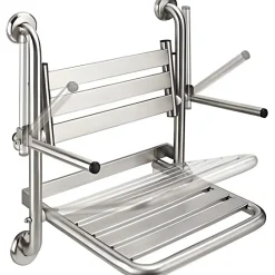 Siège de douche mural pliant rabattable tout inox charge 120kg SANINDUSA NewWccare maintient dos et accoudoirs