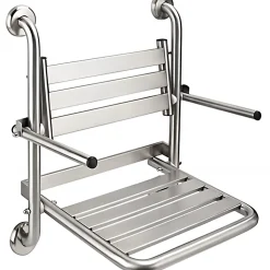 Siège de douche mural pliant rabattable tout inox charge 120kg SANINDUSA NewWccare maintient dos et accoudoirs