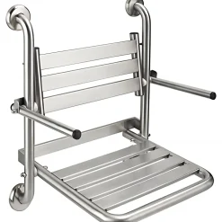 Siège de douche mural pliant rabattable tout inox charge 120kg SANINDUSA NewWccare maintient dos et accoudoirs