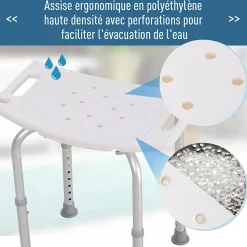 Siège de douche réglable en hauteur tabouret de douche ergonomique pieds antidérapants charge max. 136 Kg alu HDPE blanc