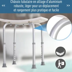 Siège de douche réglable en hauteur tabouret de douche ergonomique pieds antidérapants charge max. 136 Kg alu HDPE blanc